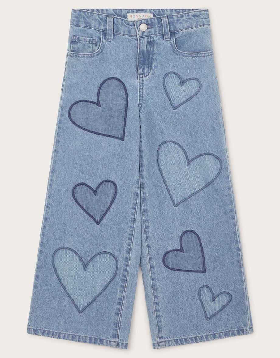 Heart embroidered wide leg jeans blue