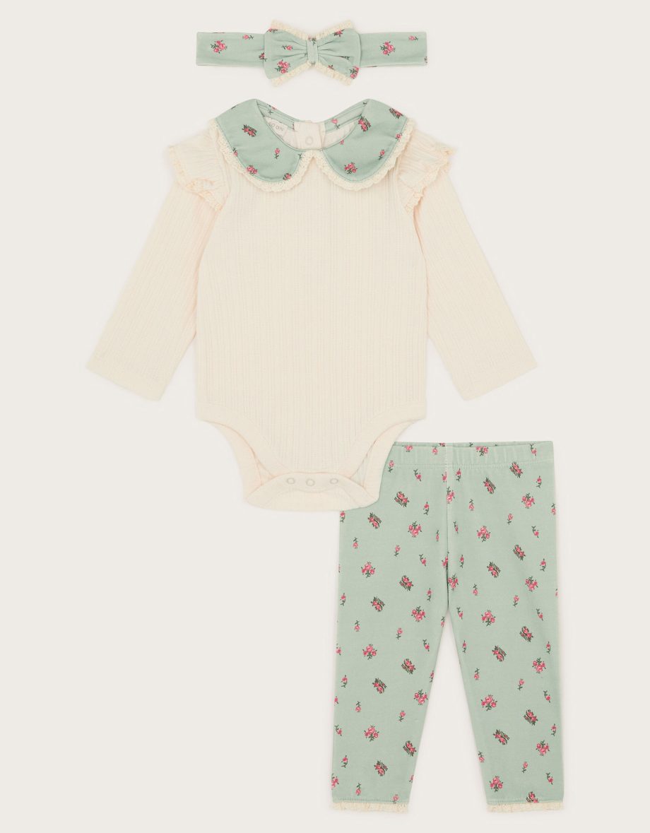 Newborn floral bodysuit leggings and headband set green