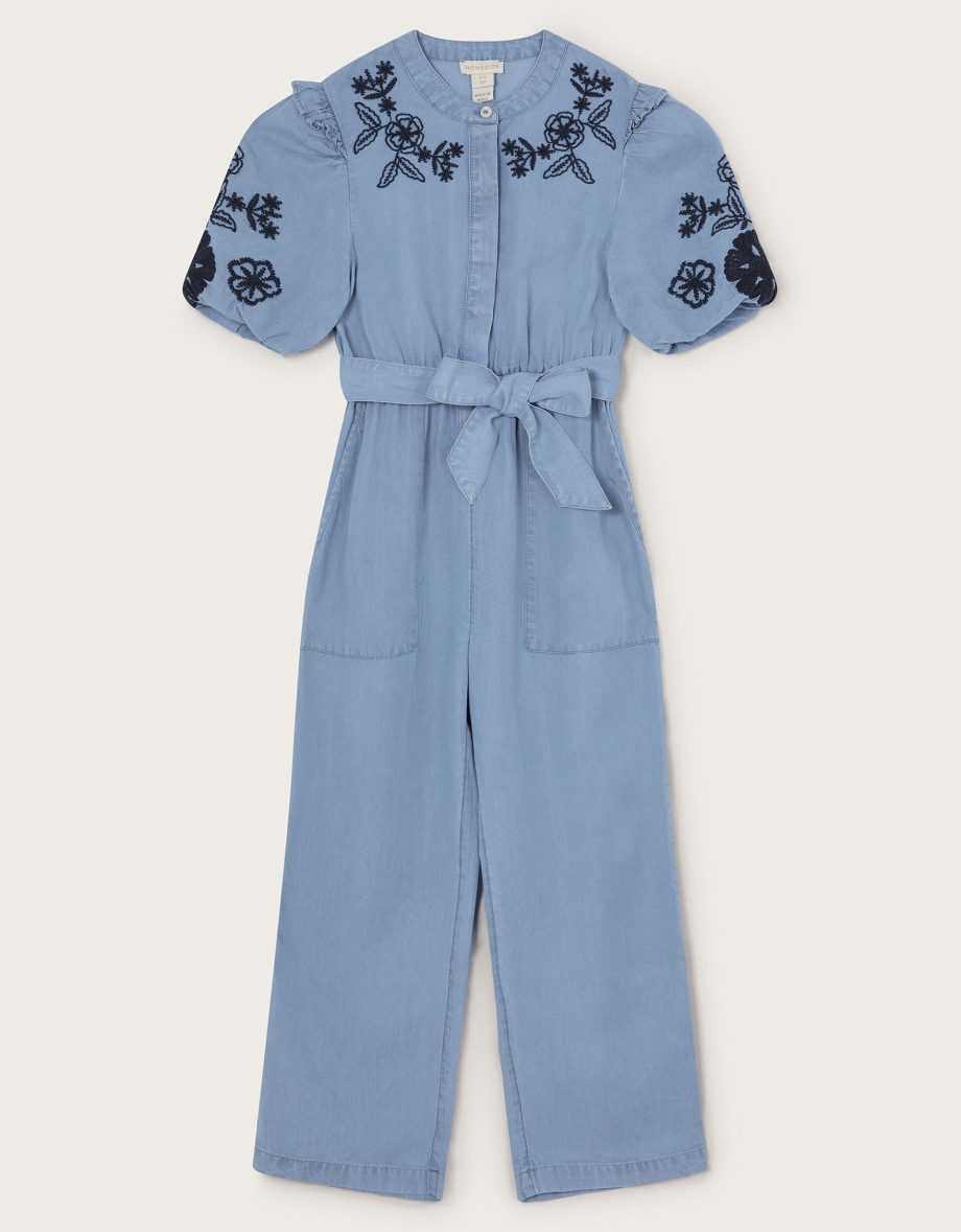 Floral embroidered chambray jumpsuit blue