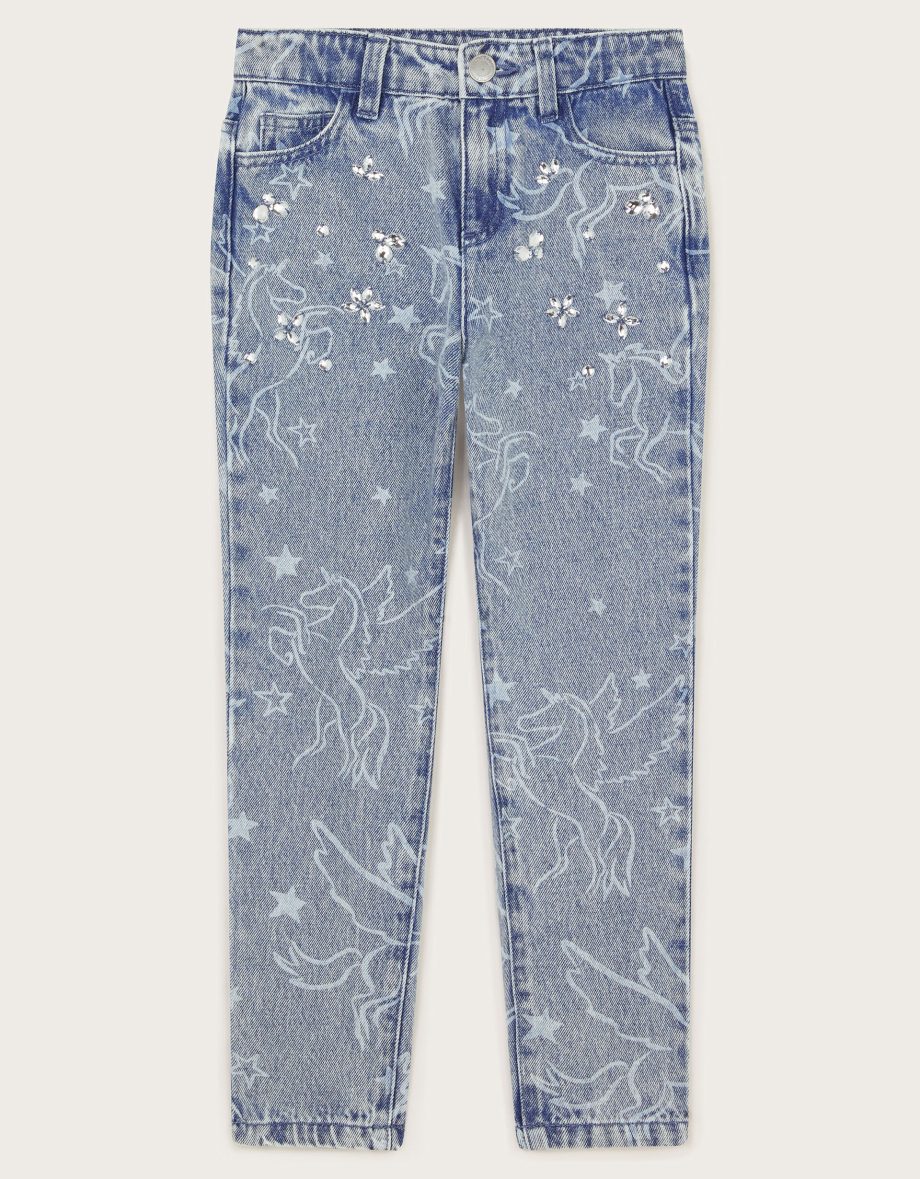 Rhinestone unicorn straight jeans blue