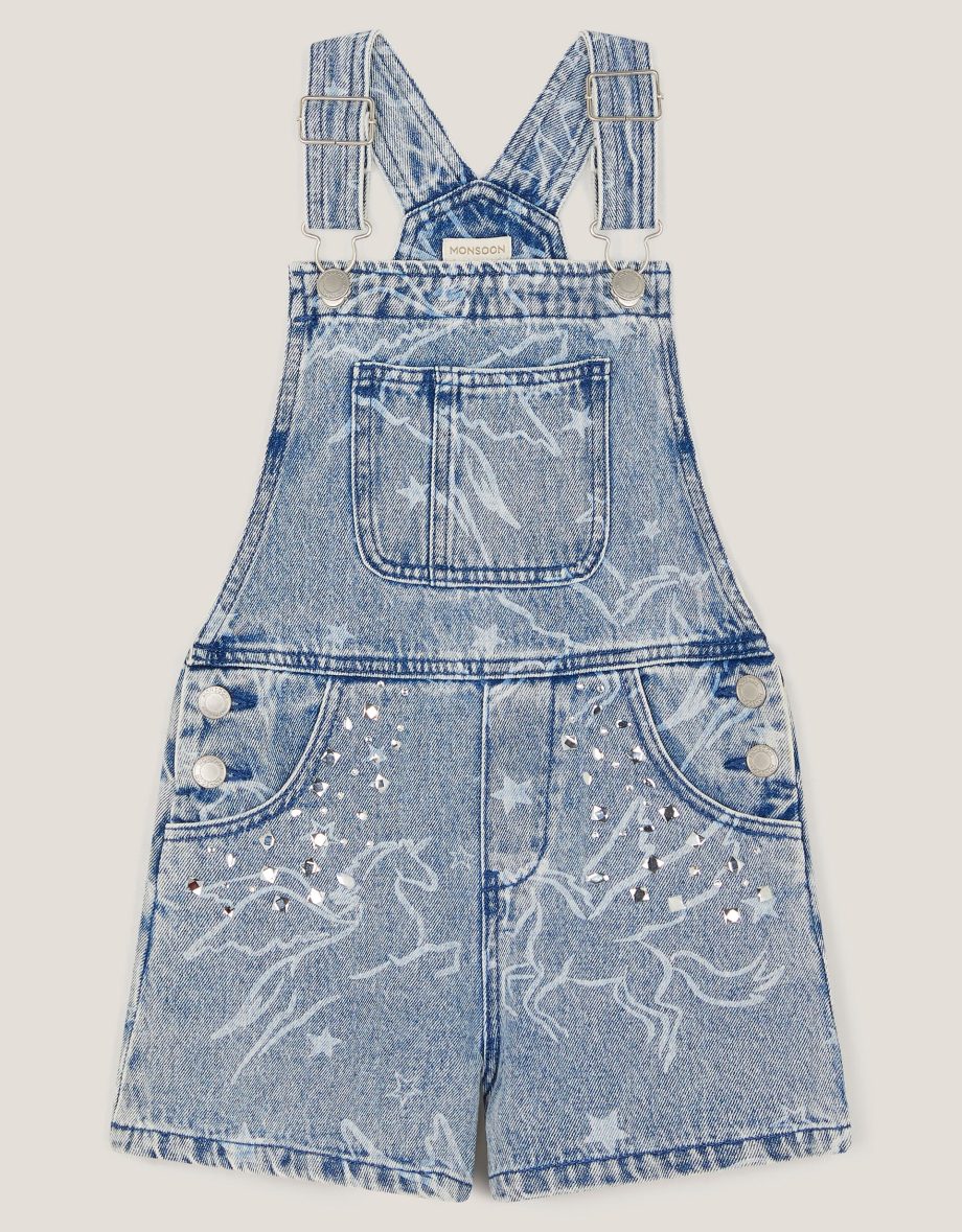 Unicorn print denim dungarees blue