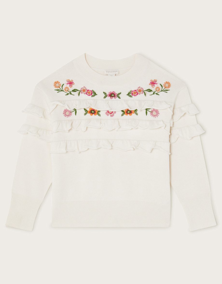 Embroidered frill knitted jumper ivory