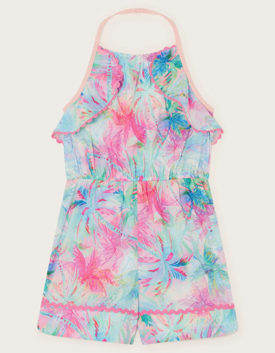 Frill palm print halter playsuit blue