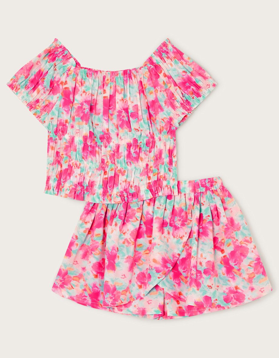 Tropical floral shirred top and skort set pink