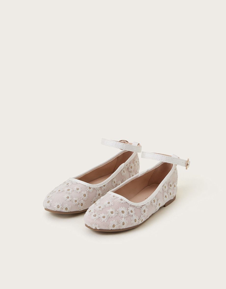 Daisy embroidered mesh ballet flats pink