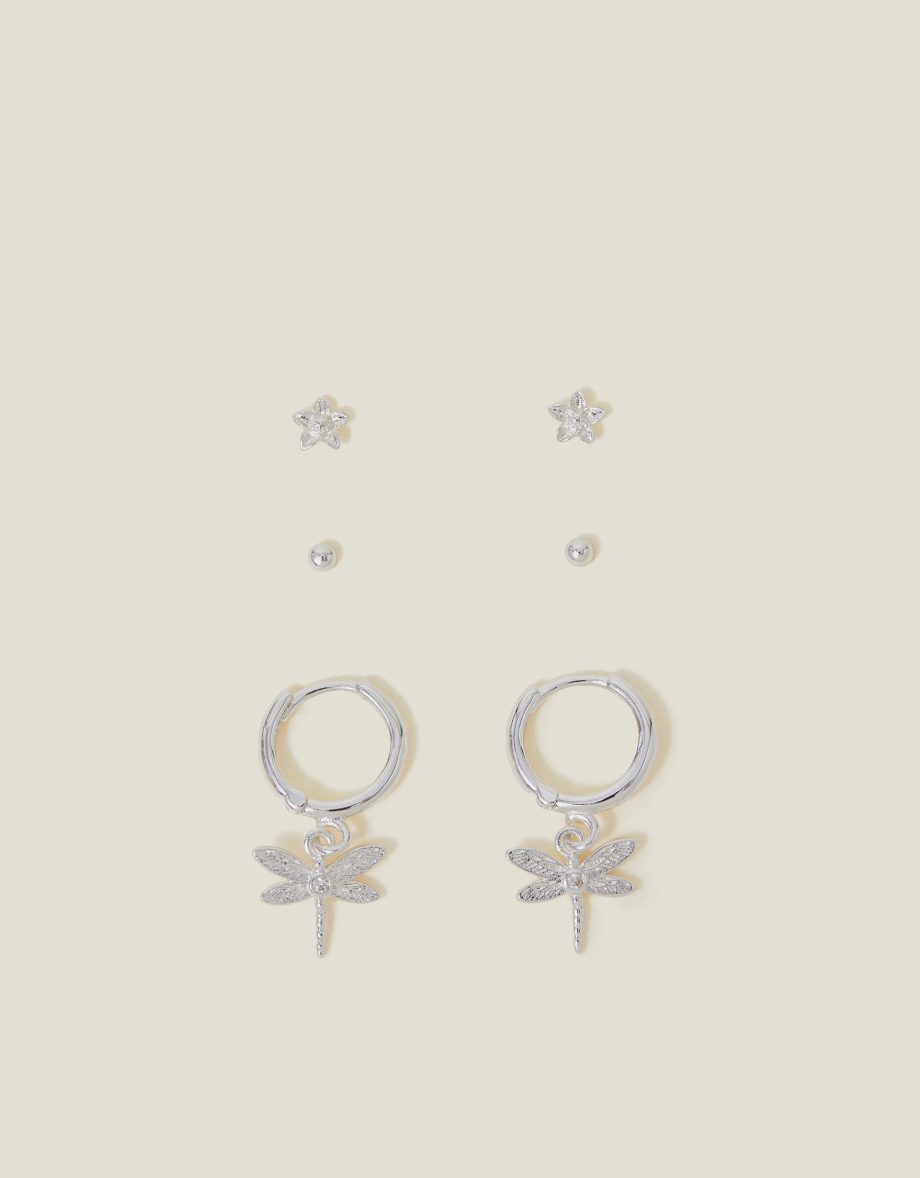 3-PACK STERLING SILVER-PLATED DRAGONFLY STUD AND HOOP EARRINGS