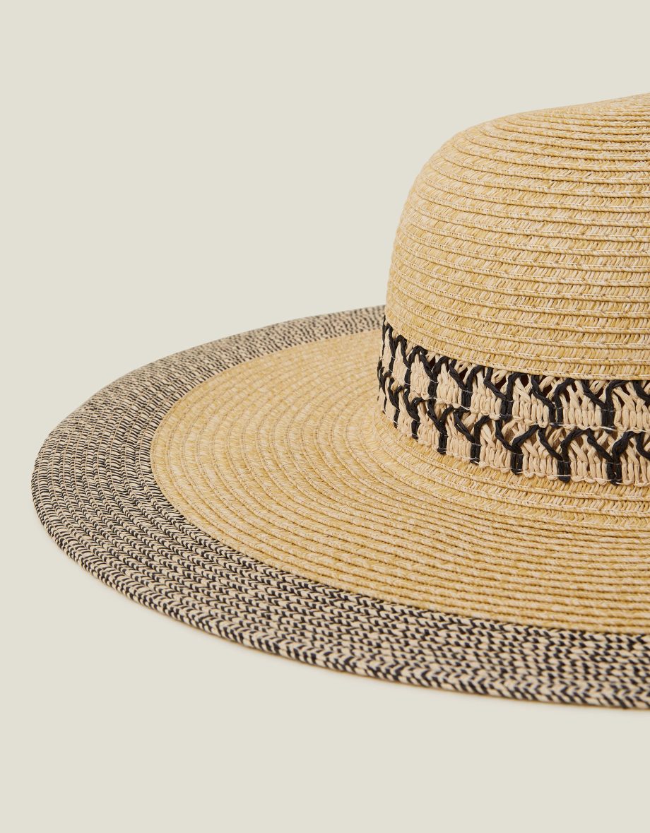 PATTERNED TRIM FLOPPY STRAW SUN HAT