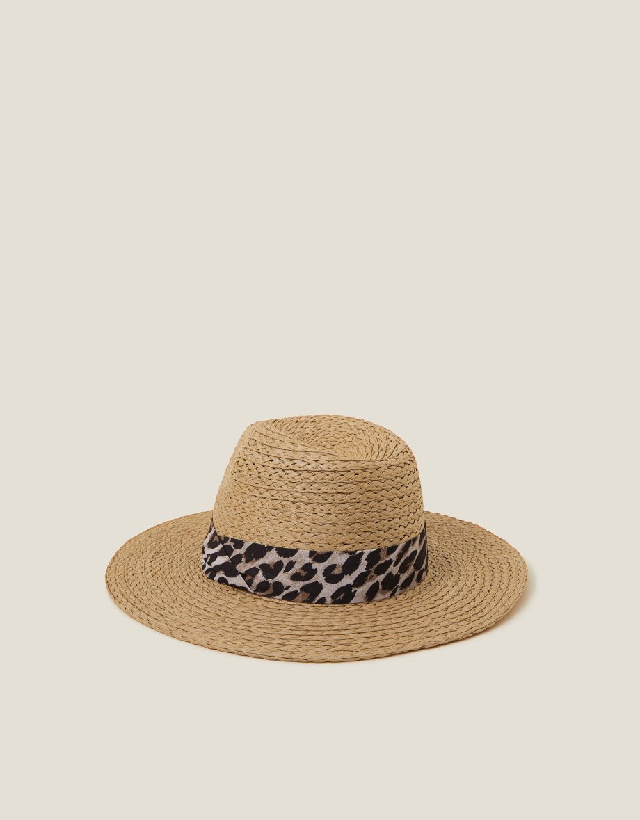 Leopard Trim Straw Fedora Hat Natural