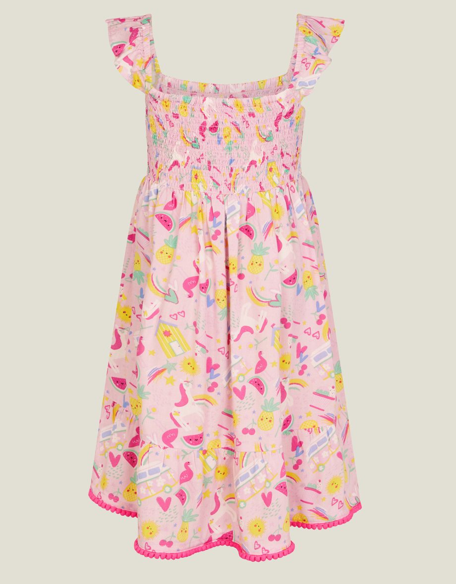 GIRLS SUNBEAM PRINT SHIRRED DRESS PINK