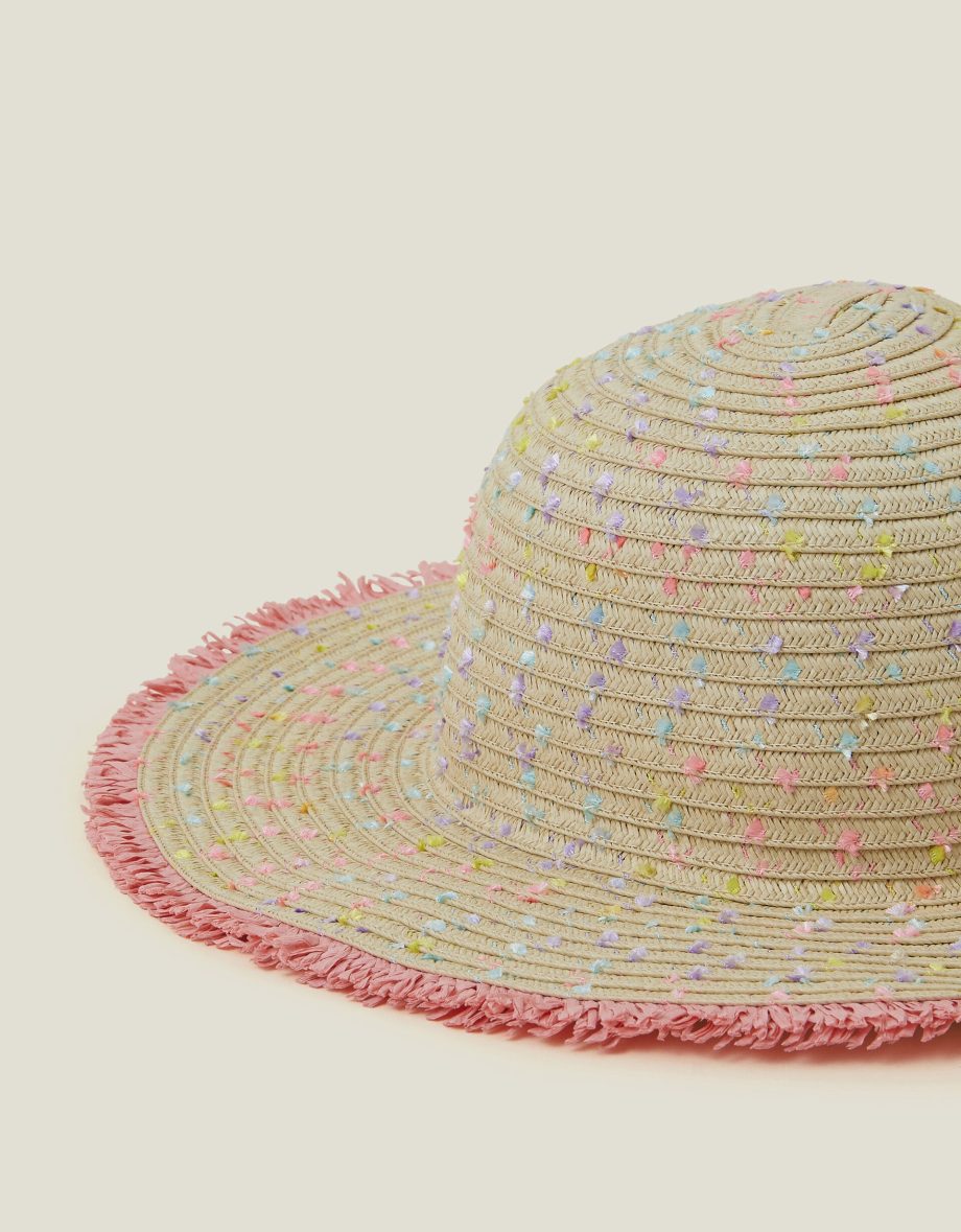 GIRLS FRINGE FLOPPY STRAW SUN HAT MULTI