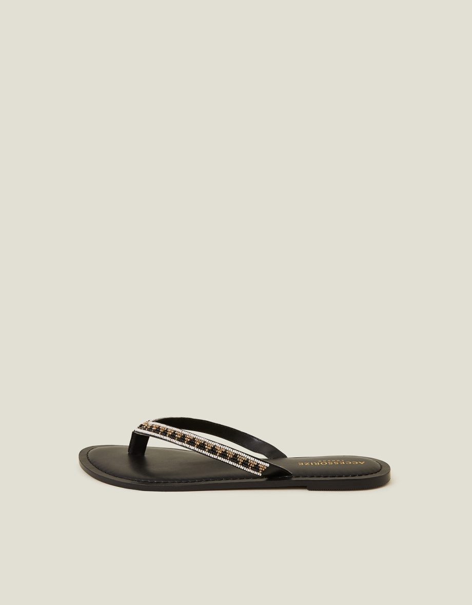 BEADED FAUX LEATHER FLIP FLOPS BLACK