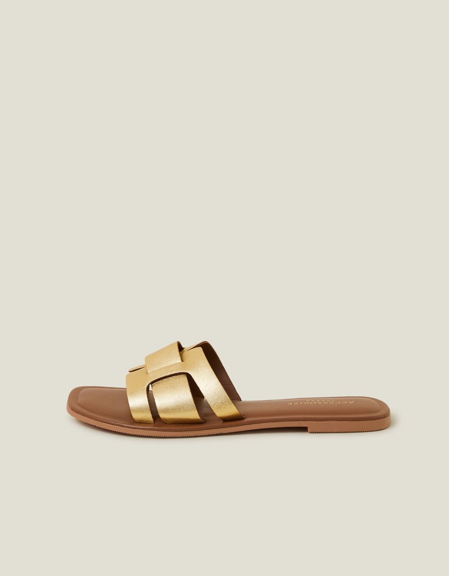 METALLIC LEATHER CUT-OUT SLIDE SANDALS GOLD