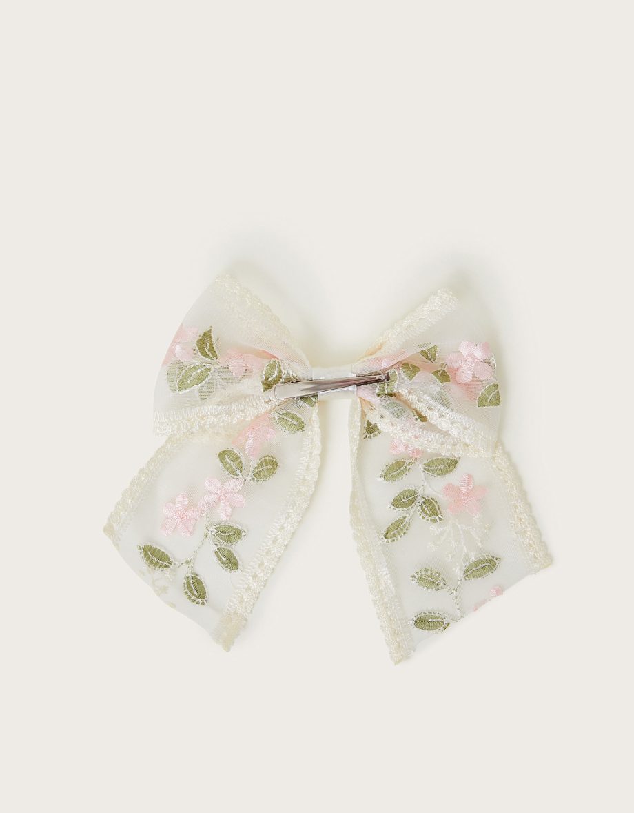 Floral embroidered bow hair clip