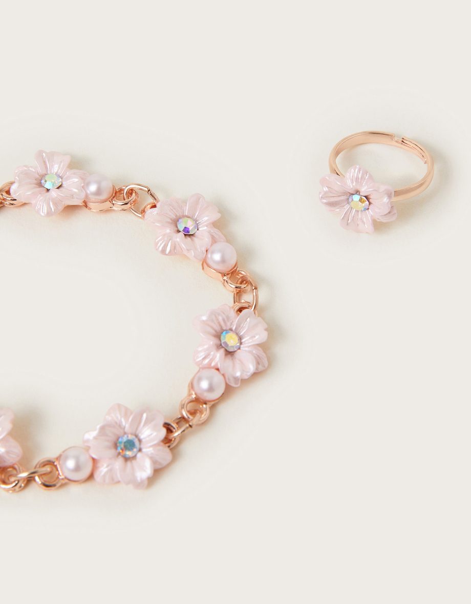 Pearl flower girl bracelet and ring set