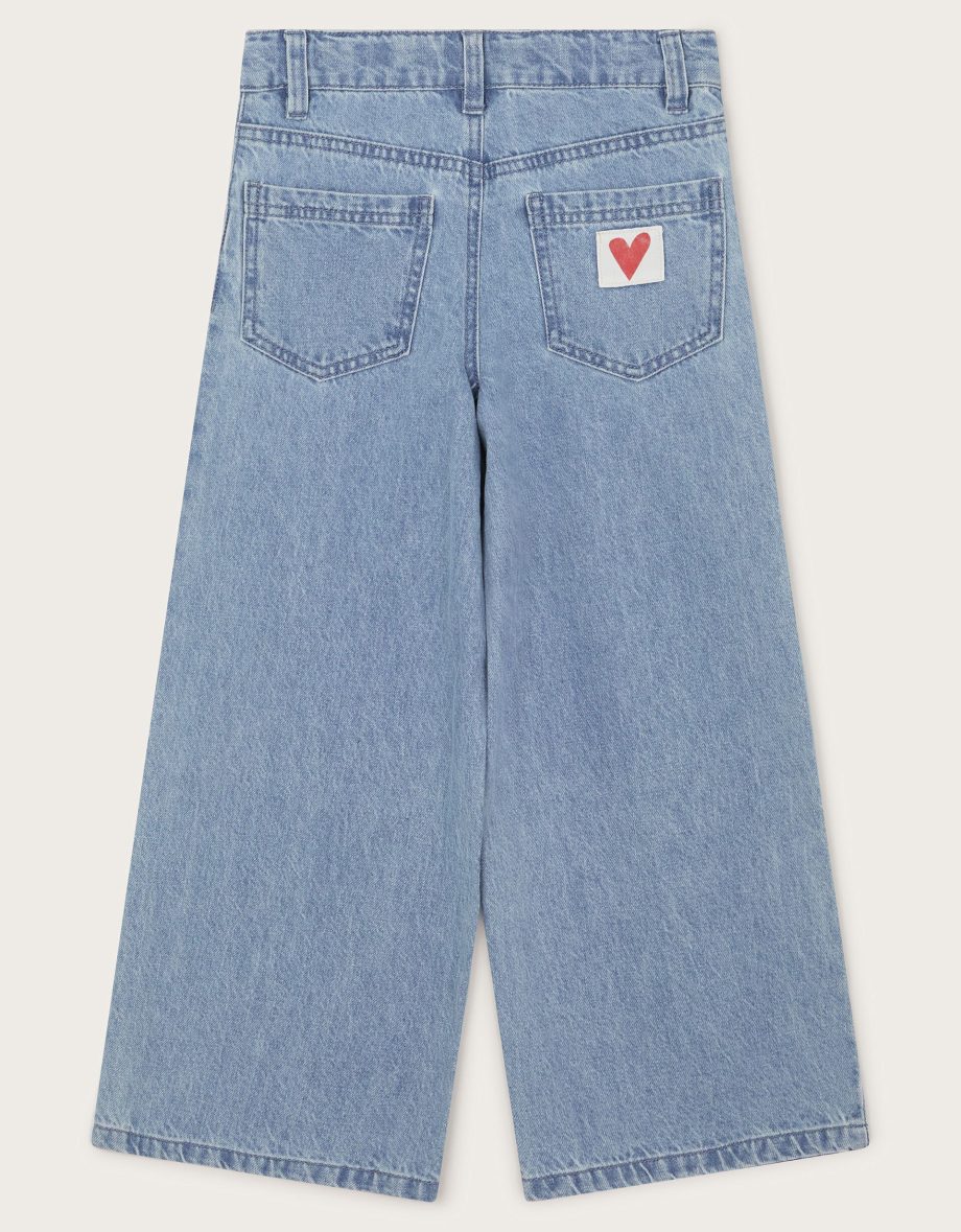 Heart embroidered wide leg jeans blue