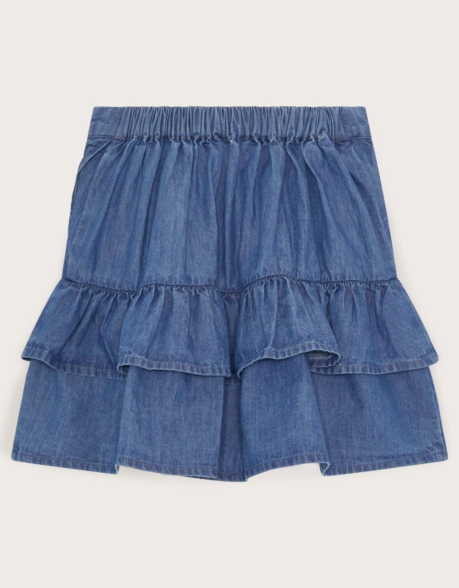 Chambray Embroidered Ruffle Skirt Blue