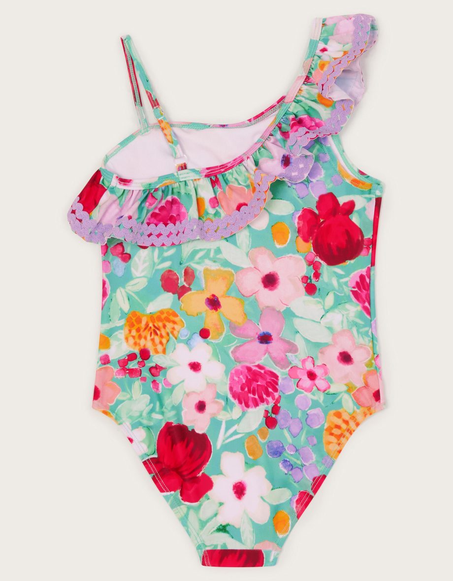 Floral asymmetrical frill swimsuit green