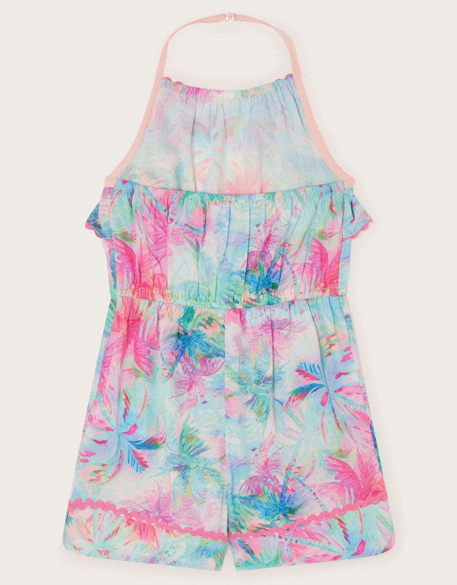 Frill palm print halter playsuit blue