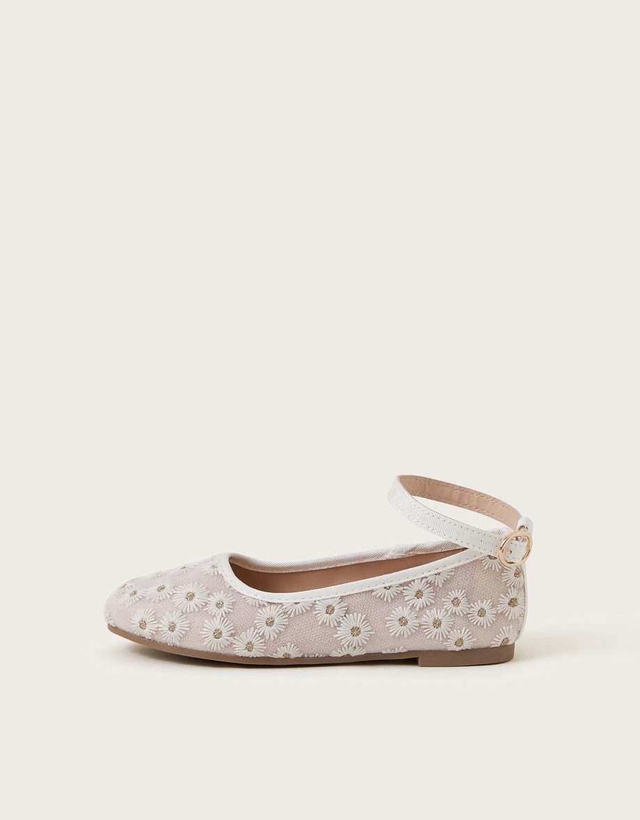 Daisy embroidered mesh ballet flats pink