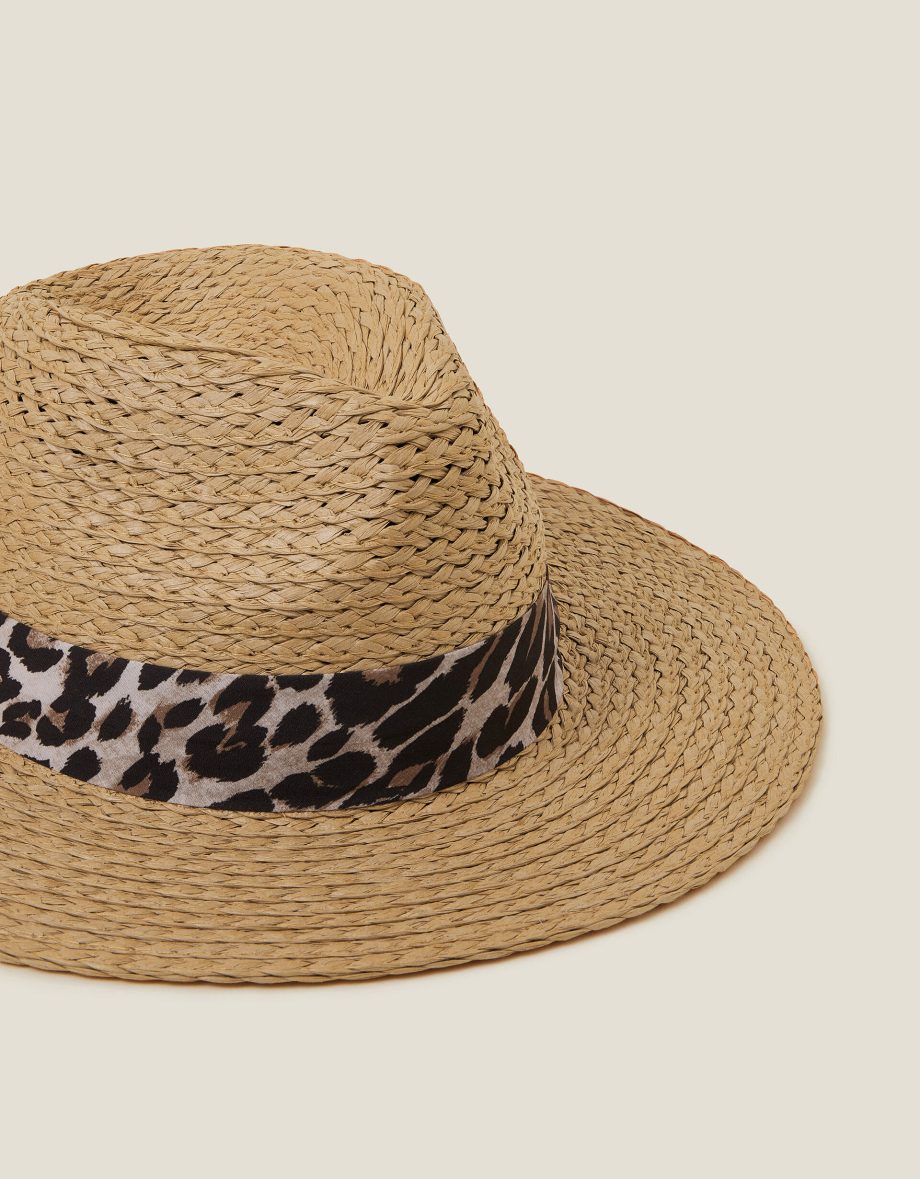 Leopard Trim Straw Fedora Hat Natural