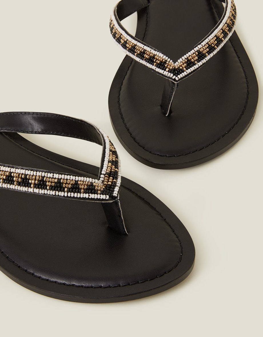 BEADED FAUX LEATHER FLIP FLOPS BLACK