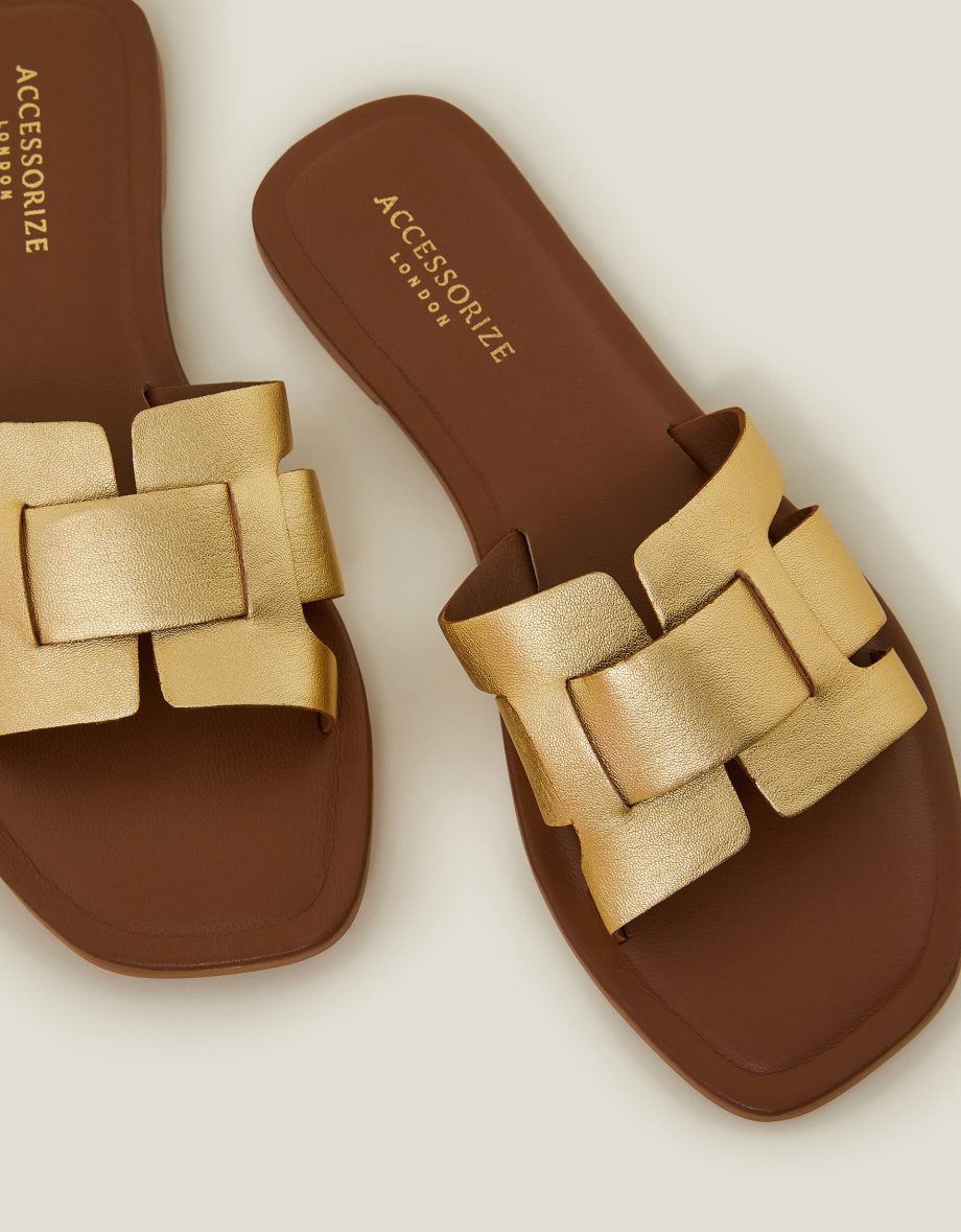 METALLIC LEATHER CUT-OUT SLIDE SANDALS GOLD