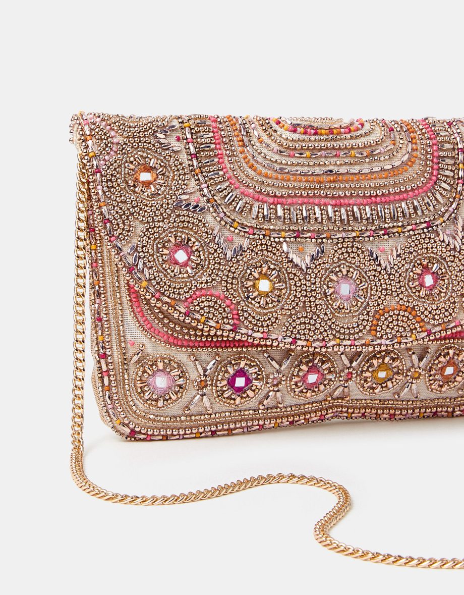 BEAD MIRROR EMBELLISHED CLUTCH BAG