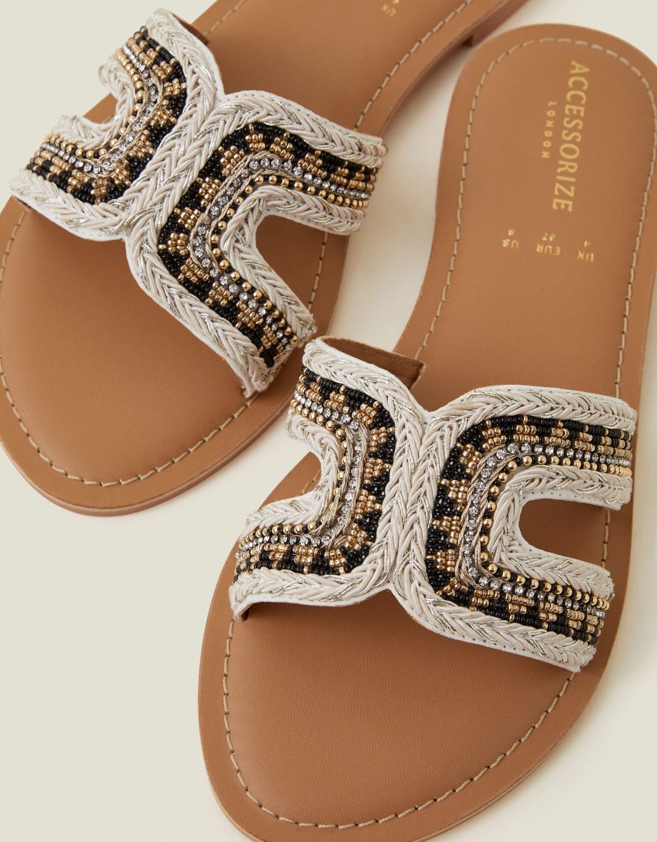 BEADED CUT-OUT SLIDE SANDALS BLACK WHITE BLACK