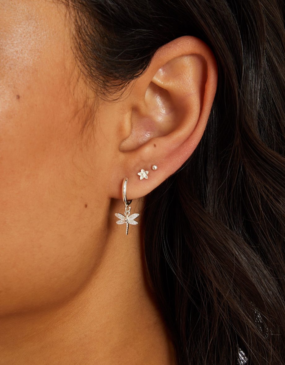 3-PACK STERLING SILVER-PLATED DRAGONFLY STUD AND HOOP EARRINGS