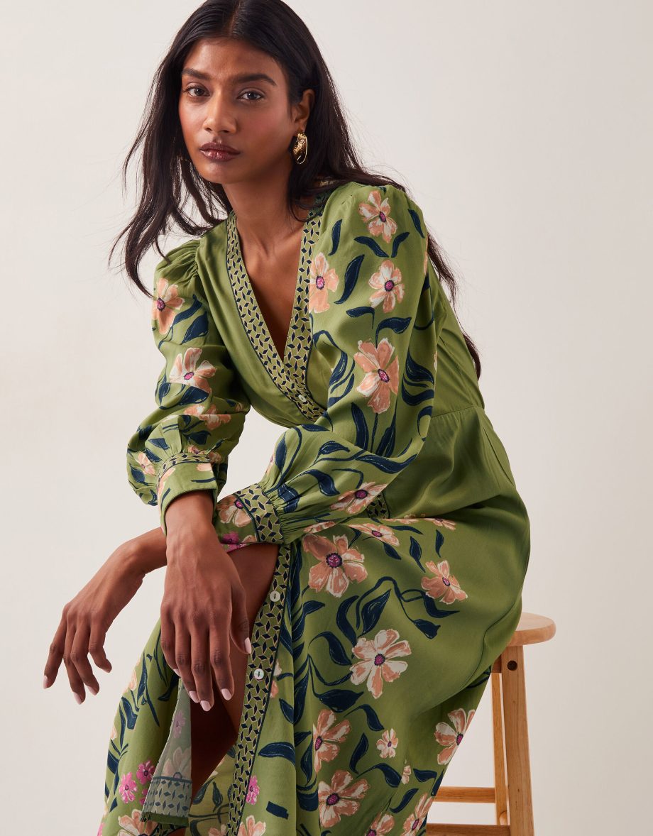 Belle floral blouson midi dress green