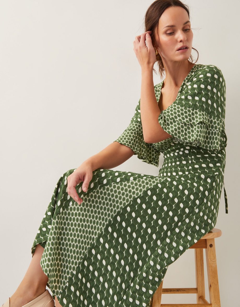 Maren geometric print midi tea dress green