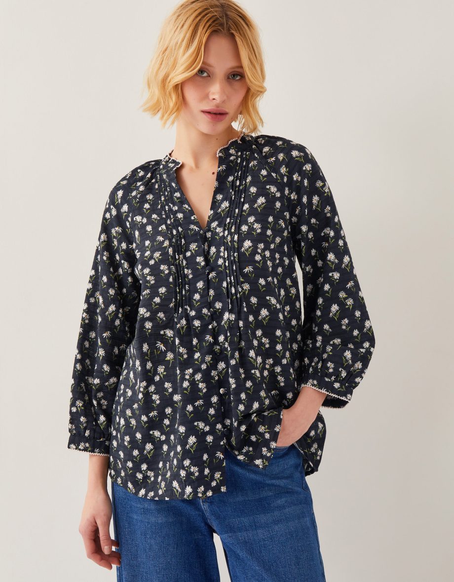 Orielle Pintuck Floral Blouse Black