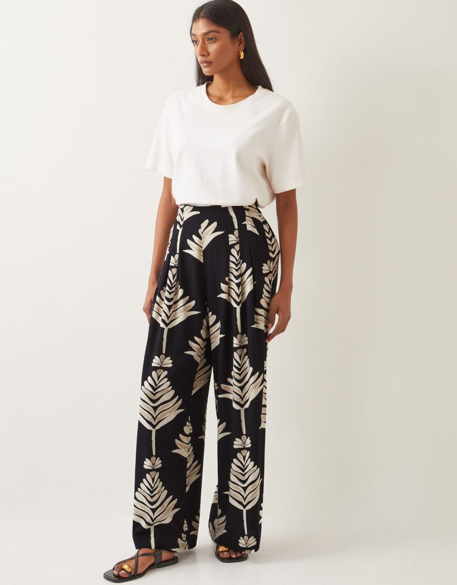 Pamela leaf print wide leg trousers black