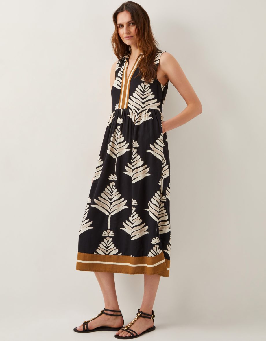 Pamela Sleeveless Leaf Print Midi Dress Black