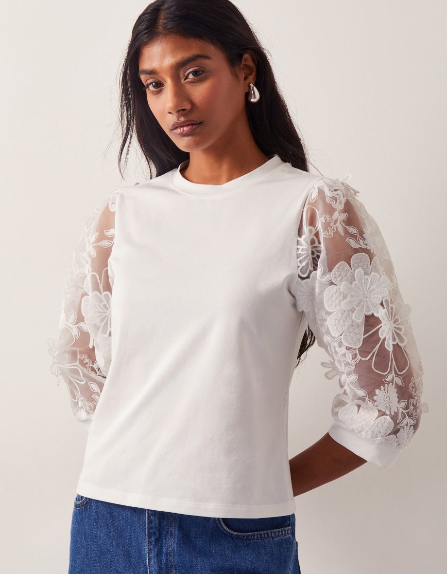 Fi floral sheer-sleeve top ivory