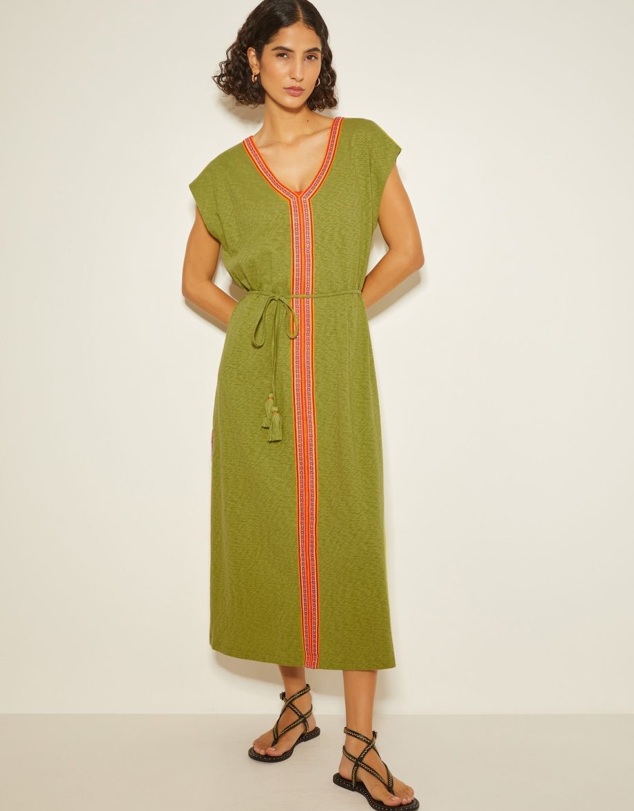 Estela jersey embroidered kaftan green