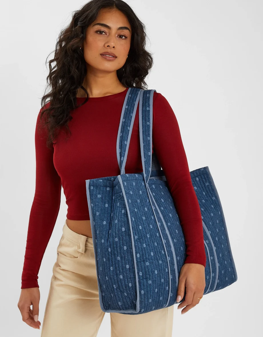 Polka Dot Denim Shopper Bag