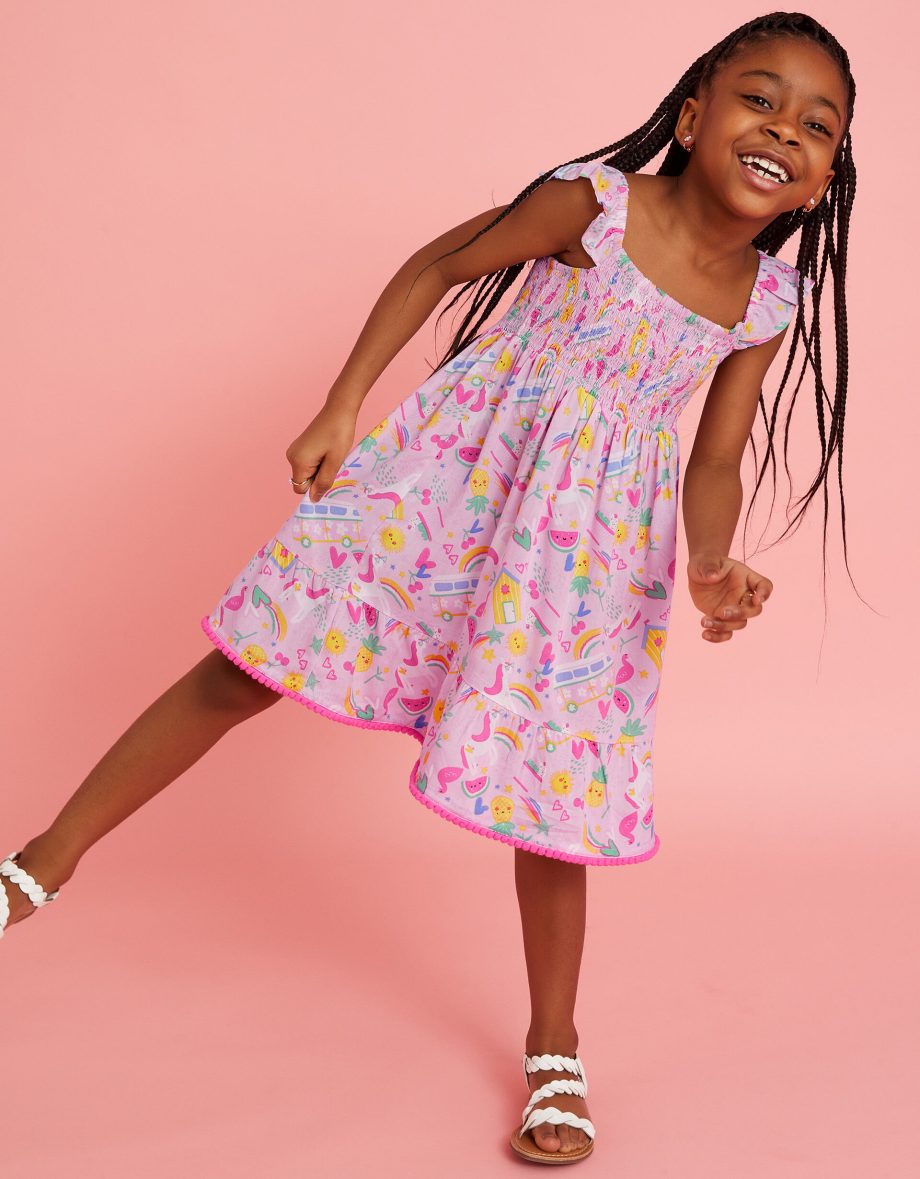 GIRLS SUNBEAM PRINT SHIRRED DRESS PINK