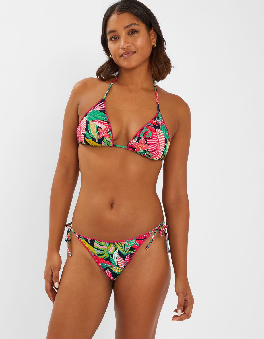 Tropical Print Tie Side Bikini Bottoms Black