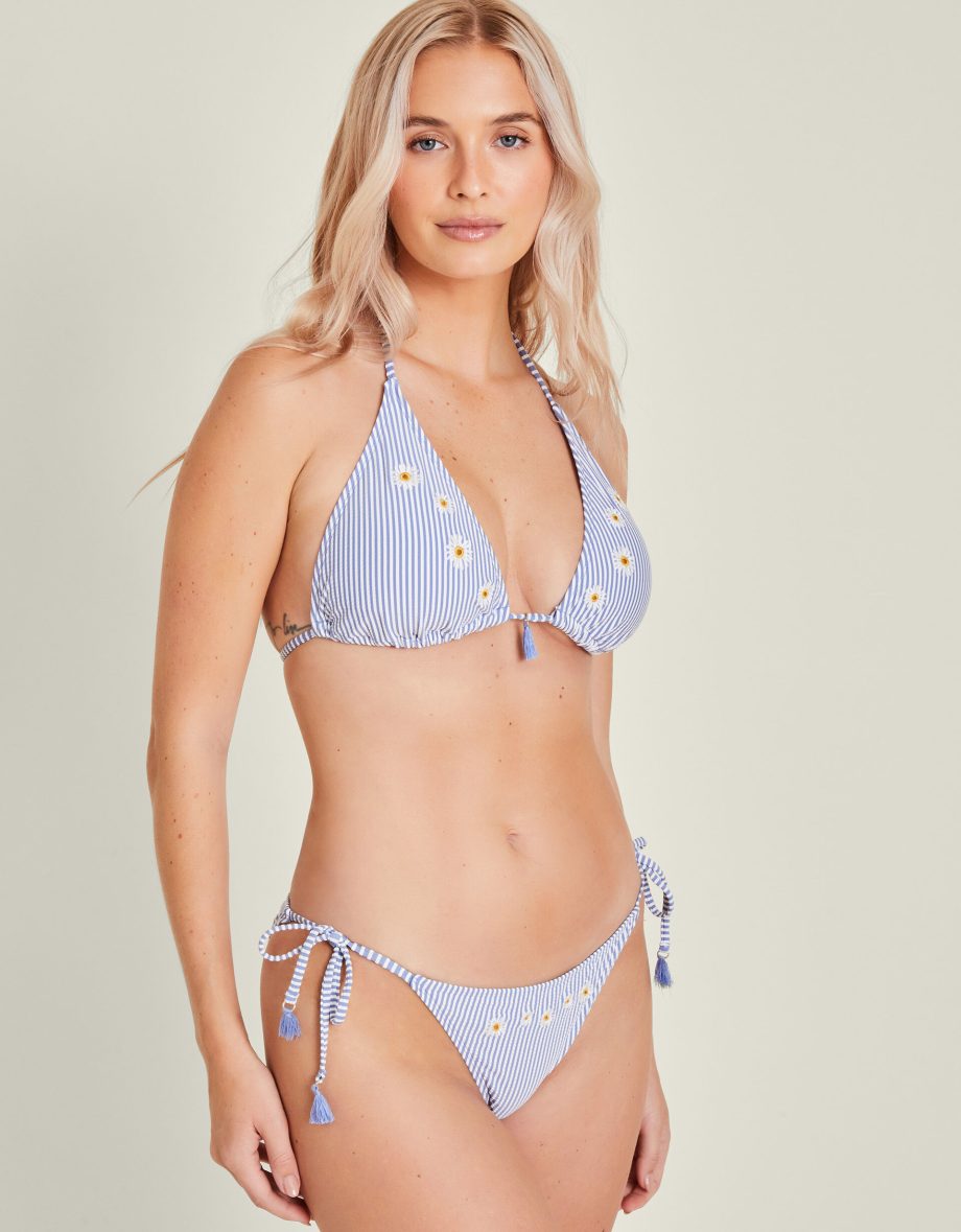 Embroidered Daisy Stripe Tie Side Bikini Bottoms Blue