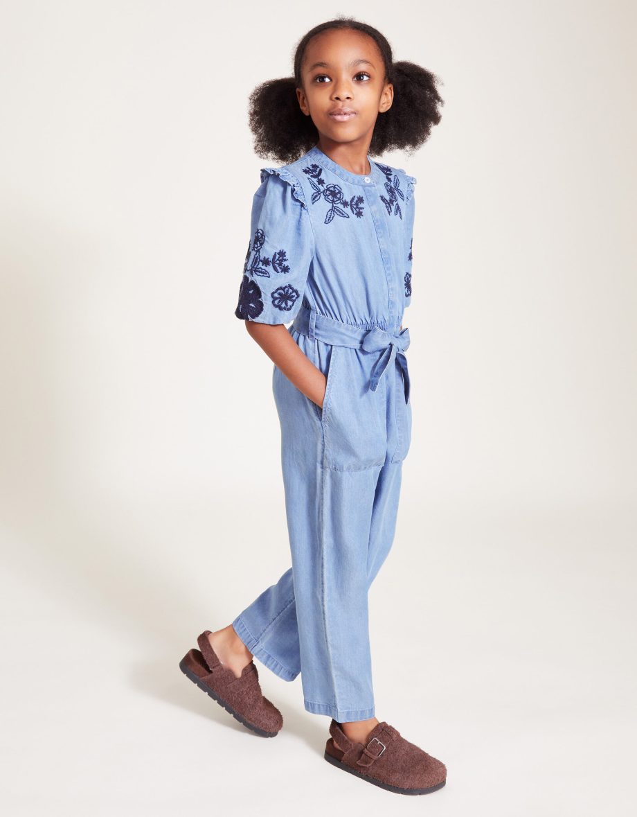 Floral embroidered chambray jumpsuit blue