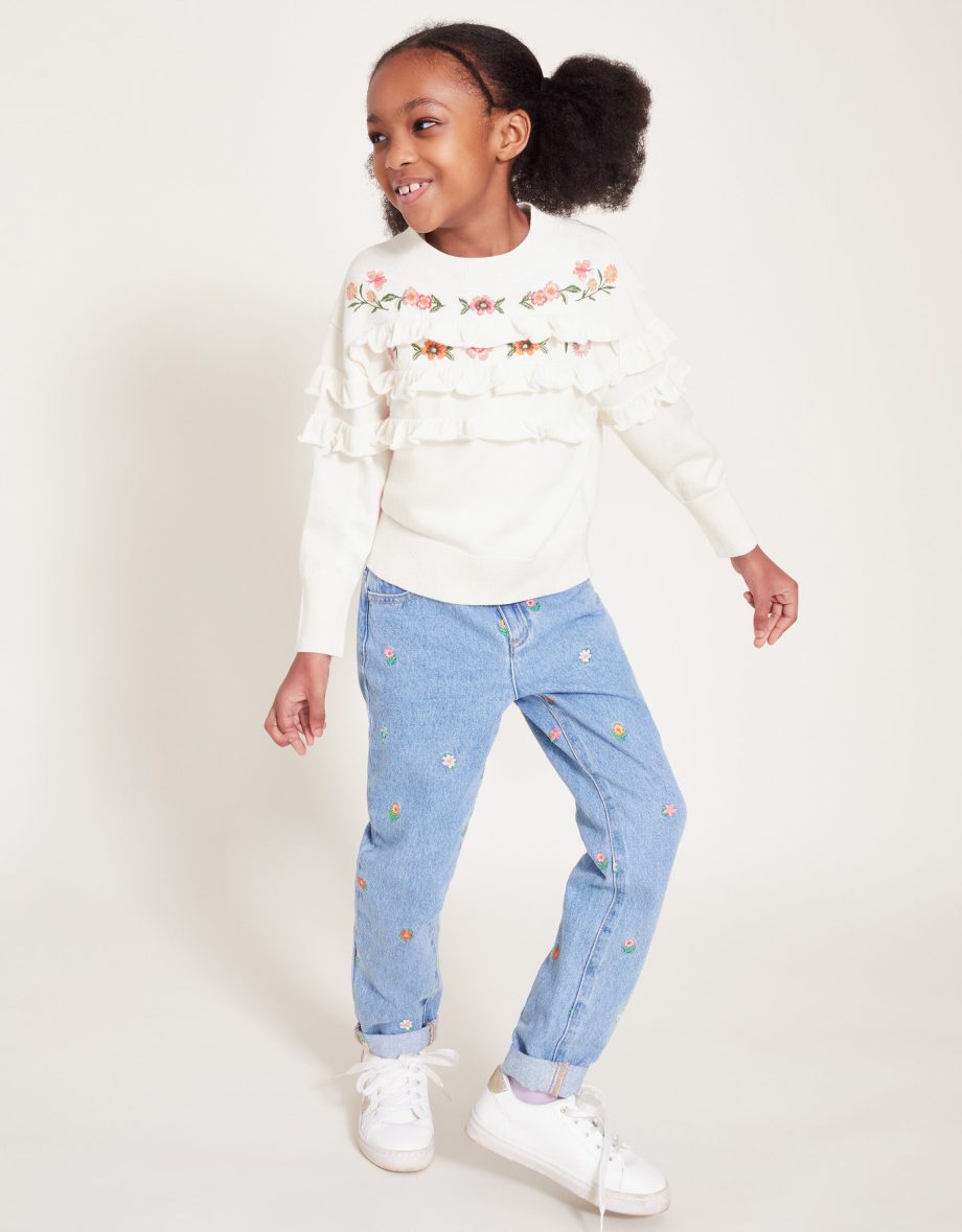 Embroidered frill knitted jumper ivory