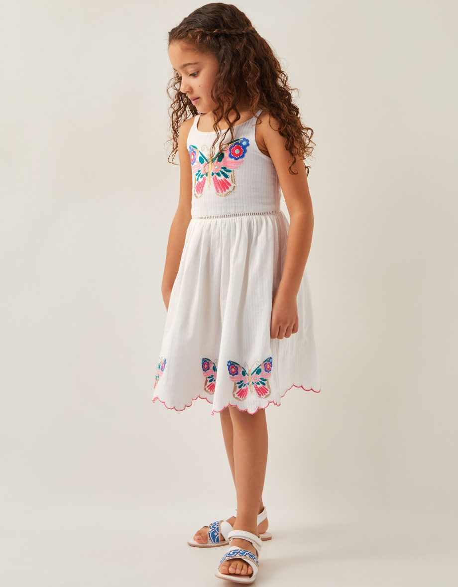 Butterfly embroidered cotton dress ivory