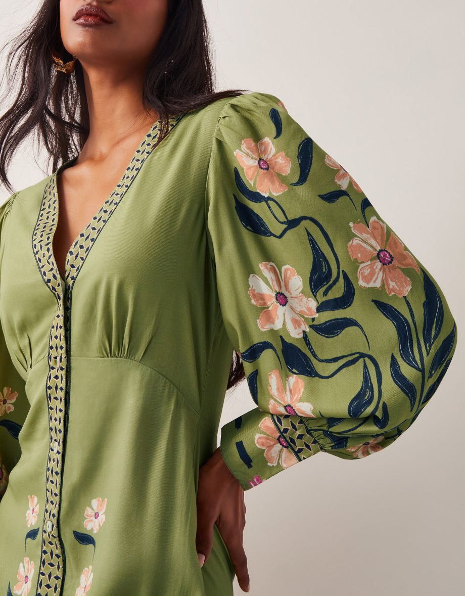 Belle floral blouson midi dress green