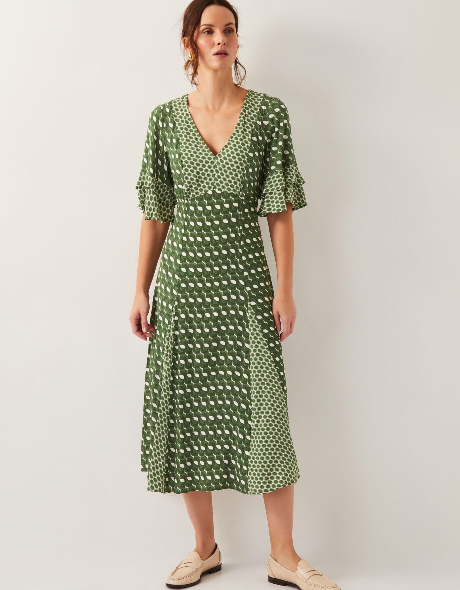 Maren geometric print midi tea dress green