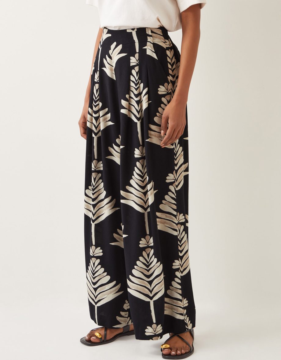 Pamela leaf print wide leg trousers black