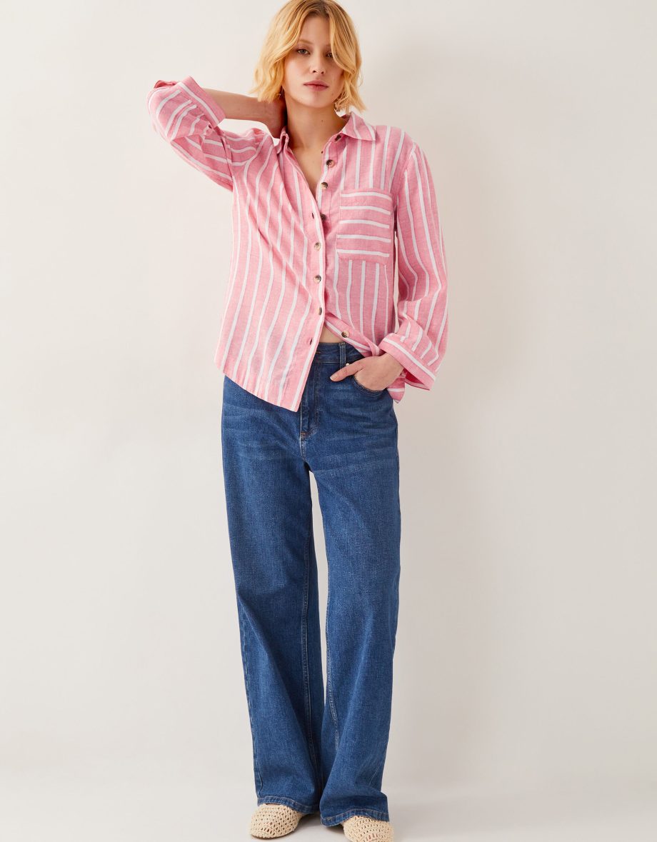 Tyra linen-blend stripe shirt pink