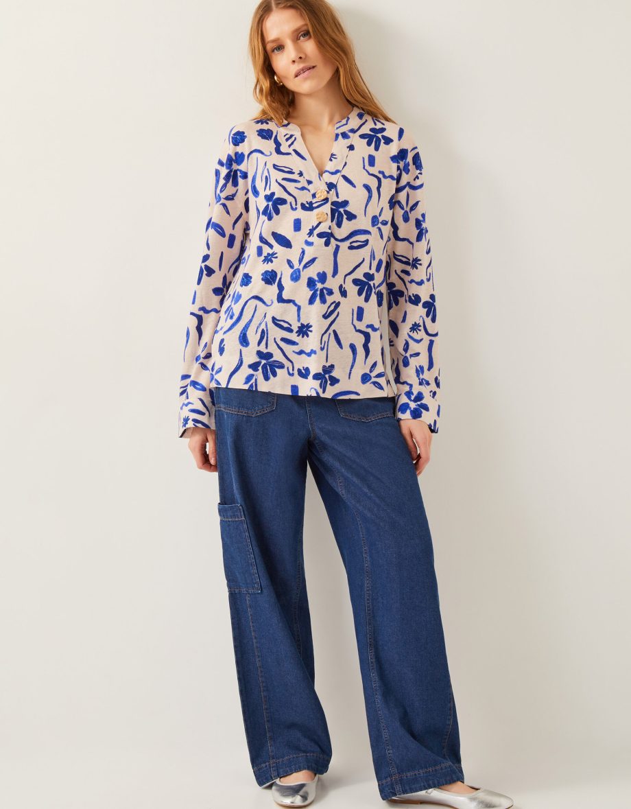 Ulla floral linen-blend top ivory