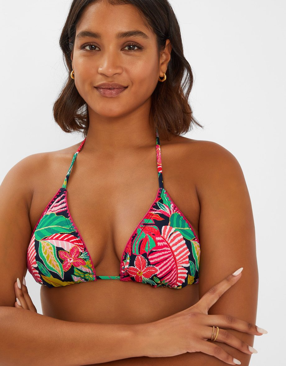 TROPICAL PRINT TRIANGLE BIKINI TOP BLACK