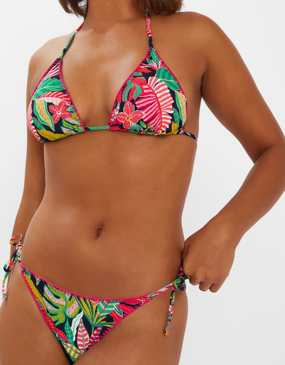 Tropical Print Tie Side Bikini Bottoms Black